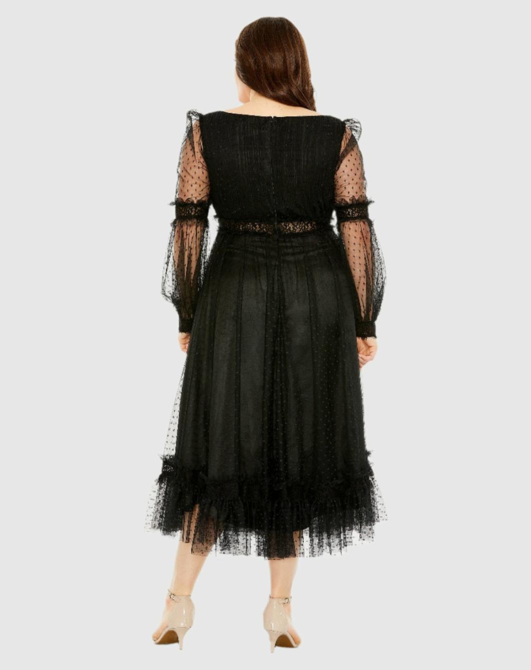 Plus Size Dresses | Women Mac Duggal V Neck Long Sleeve Polka Dot Dress With Lace Belt Black