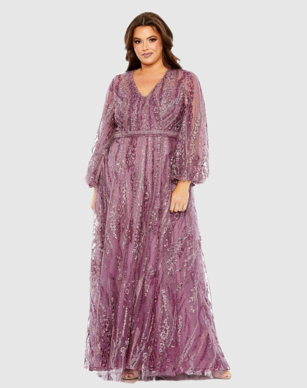 Plus Size Dresses | Women Mac Duggal V Neck Puff Sleeve Embroidered A Line Gown Mauve