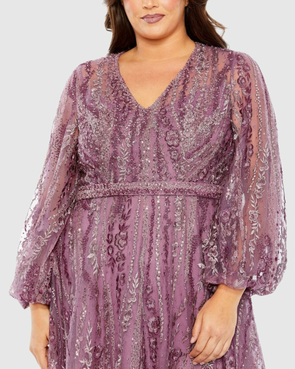 Plus Size Dresses | Women Mac Duggal V Neck Puff Sleeve Embroidered A Line Gown Mauve
