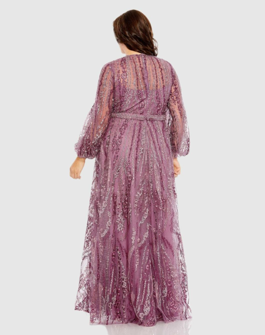 Plus Size Dresses | Women Mac Duggal V Neck Puff Sleeve Embroidered A Line Gown Mauve