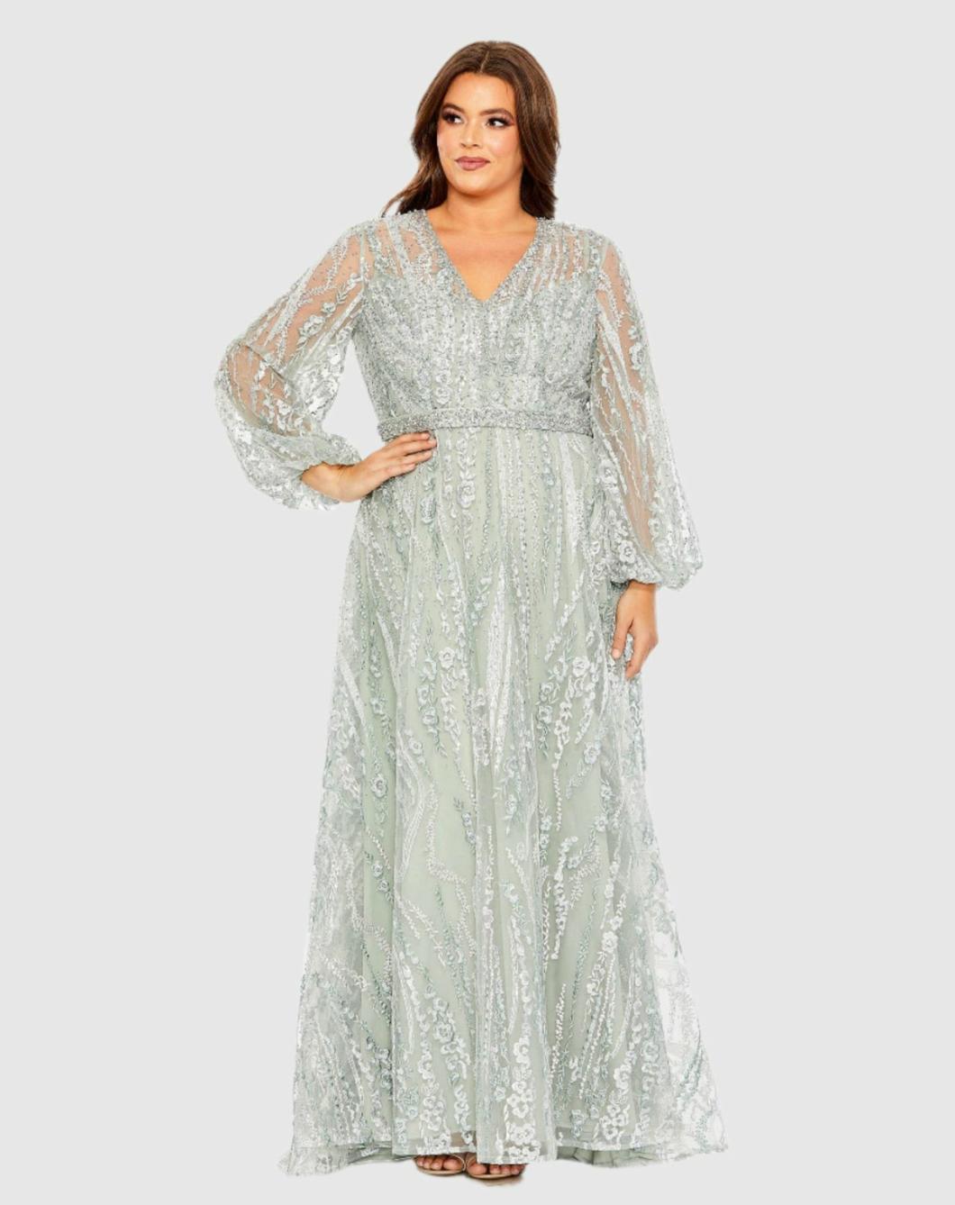 Plus Size Dresses | Women Mac Duggal V Neck Puff Sleeve Embroidered A Line Gown Mauve