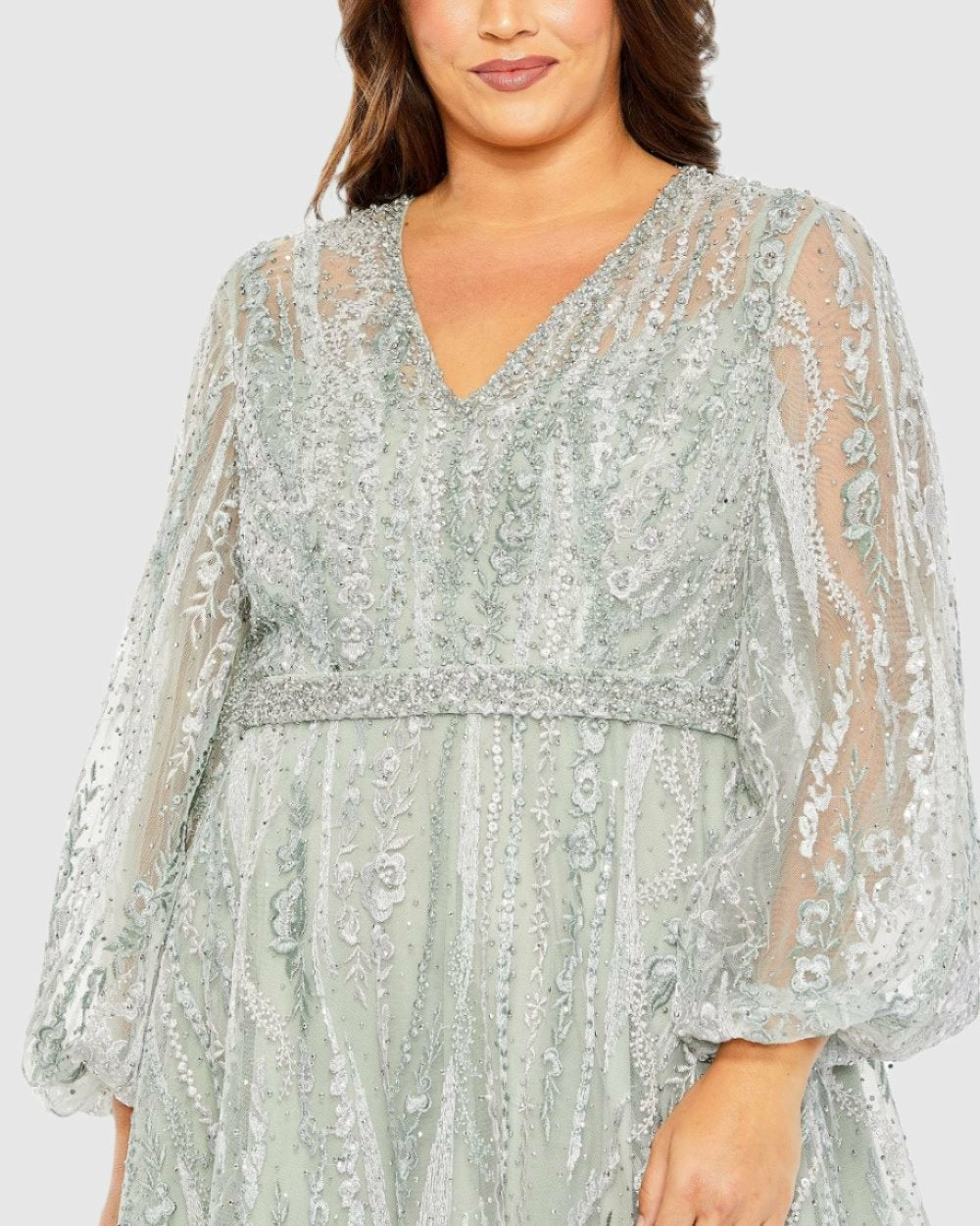 Plus Size Dresses | Women Mac Duggal V Neck Puff Sleeve Embroidered A Line Gown Mauve