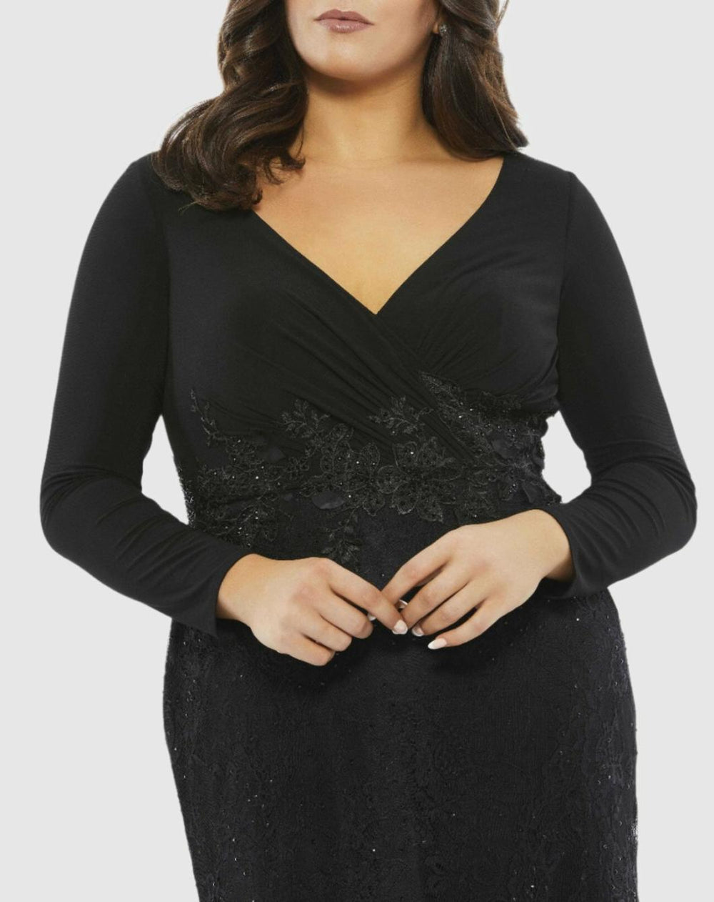 Plus Size Dresses | Women Mac Duggal Wrap-Over Long Sleeve Lace Applique Trumpet Gown (Plus) Black