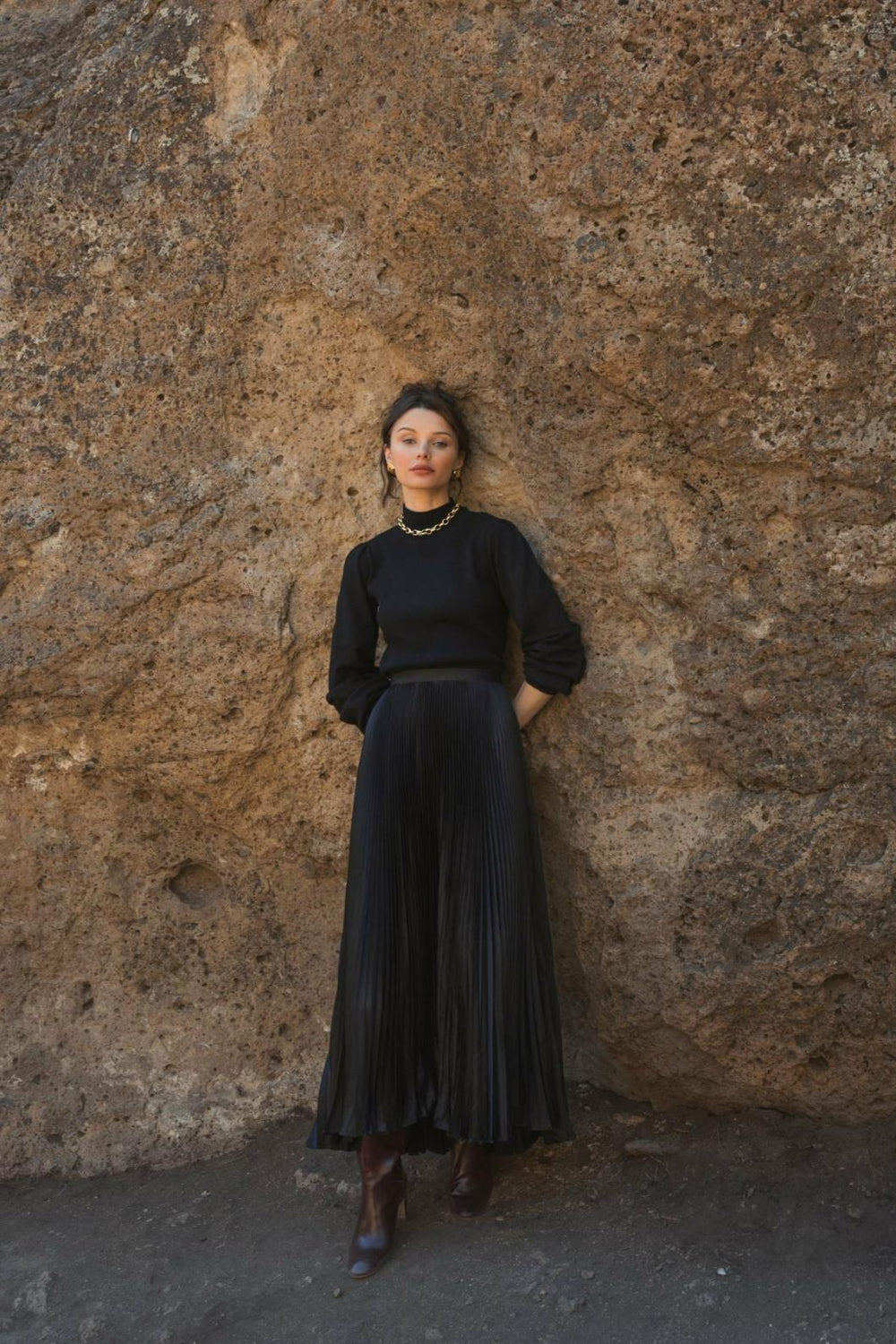 Skirts | Women Mac Duggal Black Ankle Length Satin Pleated Skirt Black