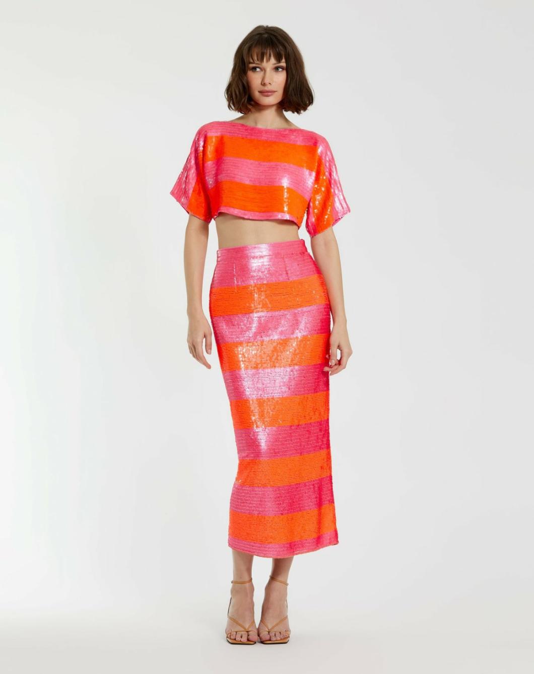 Skirts | Women Mac Duggal Classic Sequin Striped Midi Pencil Skirt - FINAL SALE Hot Pink Multi