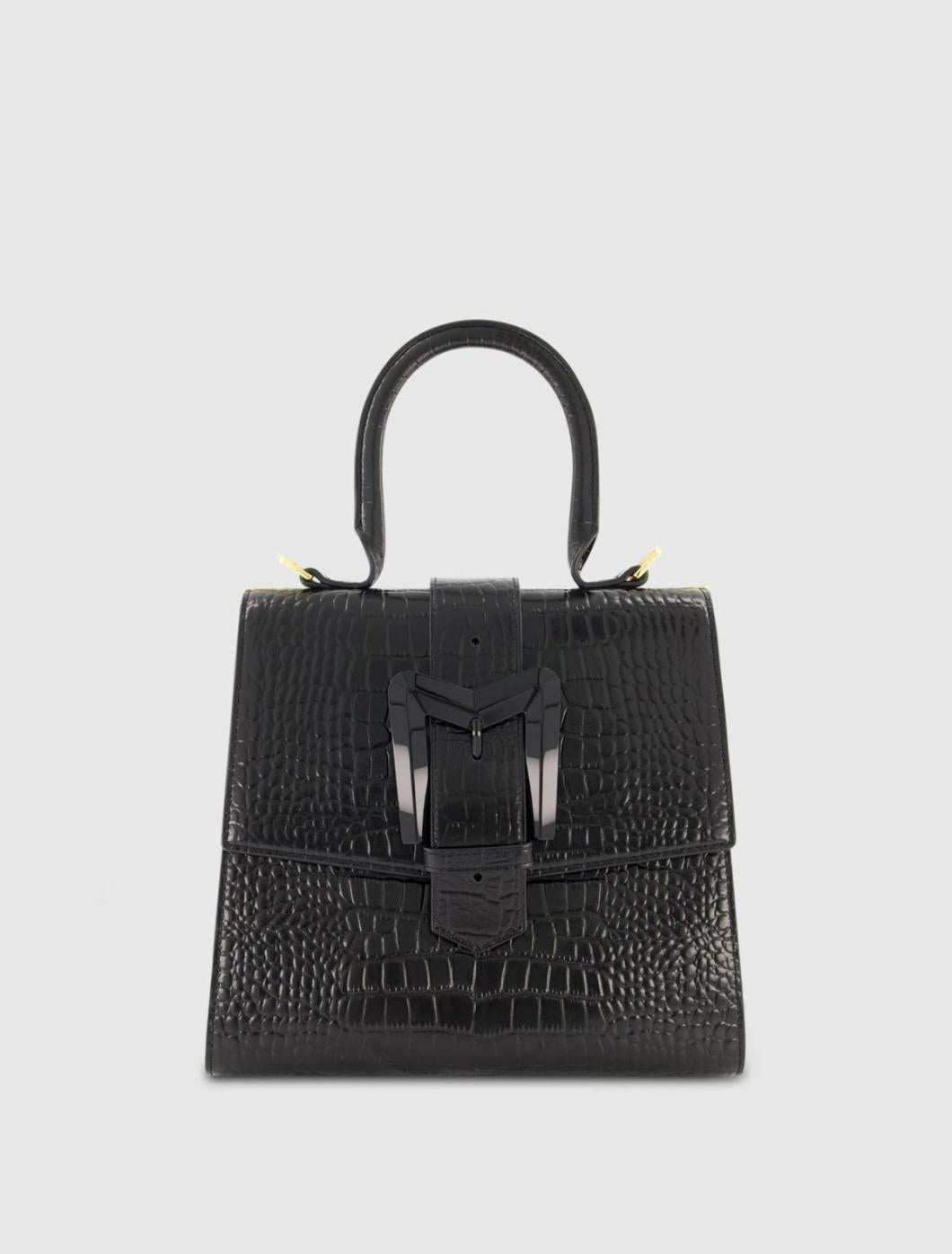 Top Handle Bags | Women Mac Duggal Buckled Medium Croco Black Leather Handbag With Detachable Strap Black
