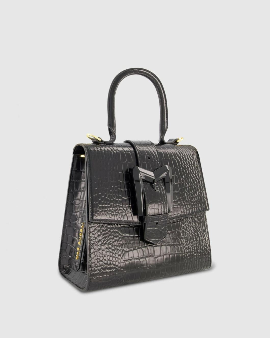 Top Handle Bags | Women Mac Duggal Buckled Medium Croco Black Leather Handbag With Detachable Strap Black