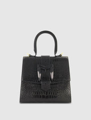 Top Handle Bags | Women Mac Duggal Buckled Medium Croco Black Leather Handbag With Detachable Strap Black