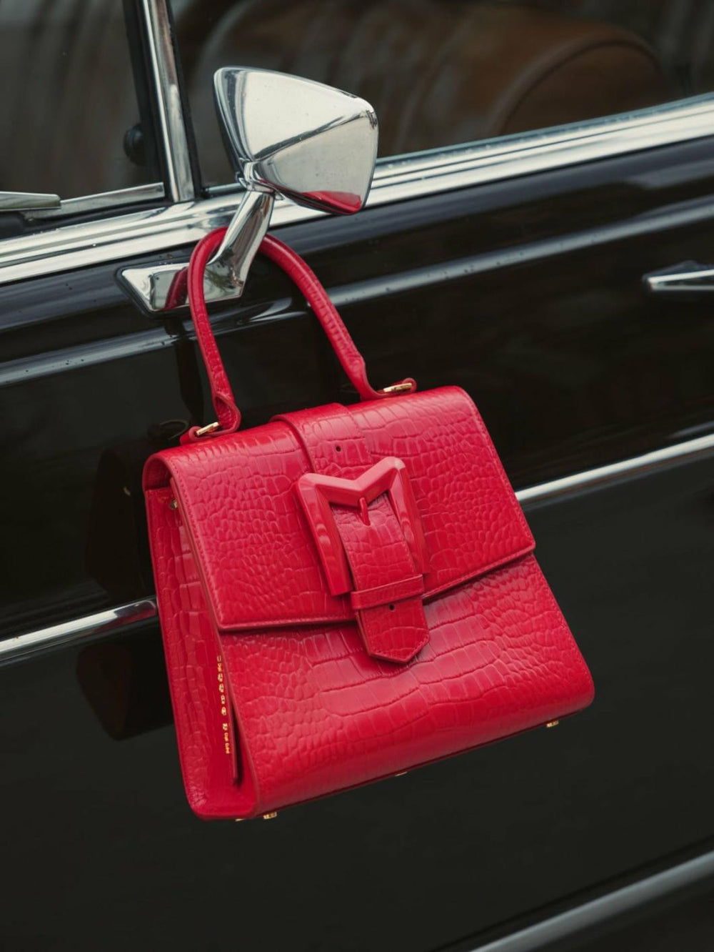 Top Handle Bags | Women Mac Duggal Buckled Medium Croco Cherry Leather Handbag With Detachable Strap Cherry