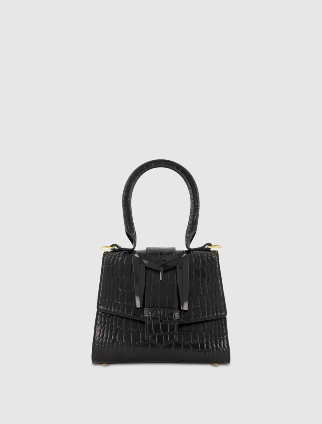 Top Handle Bags | Women Mac Duggal Buckled Mini Croco Black Leather Handbag With Detachable Strap Black