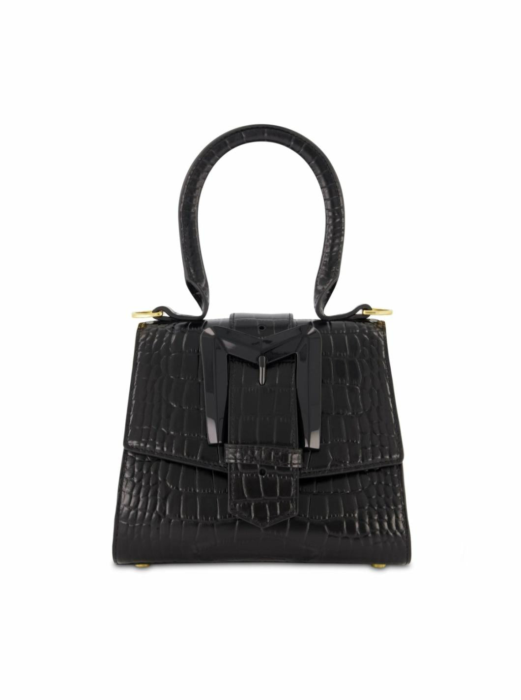 Top Handle Bags | Women Mac Duggal Buckled Mini Croco Black Leather Handbag With Detachable Strap Black
