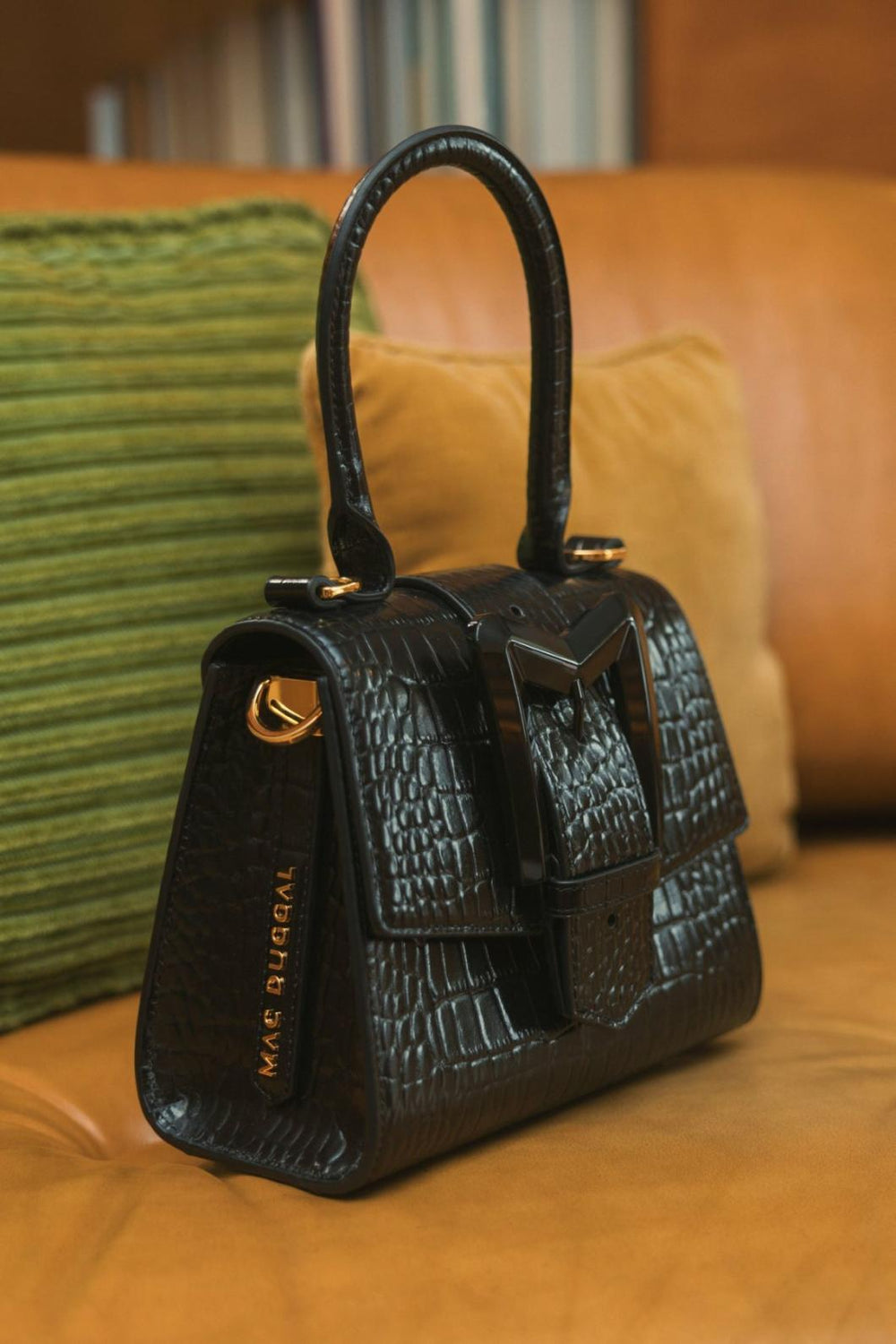 Top Handle Bags | Women Mac Duggal Buckled Mini Croco Black Leather Handbag With Detachable Strap Black