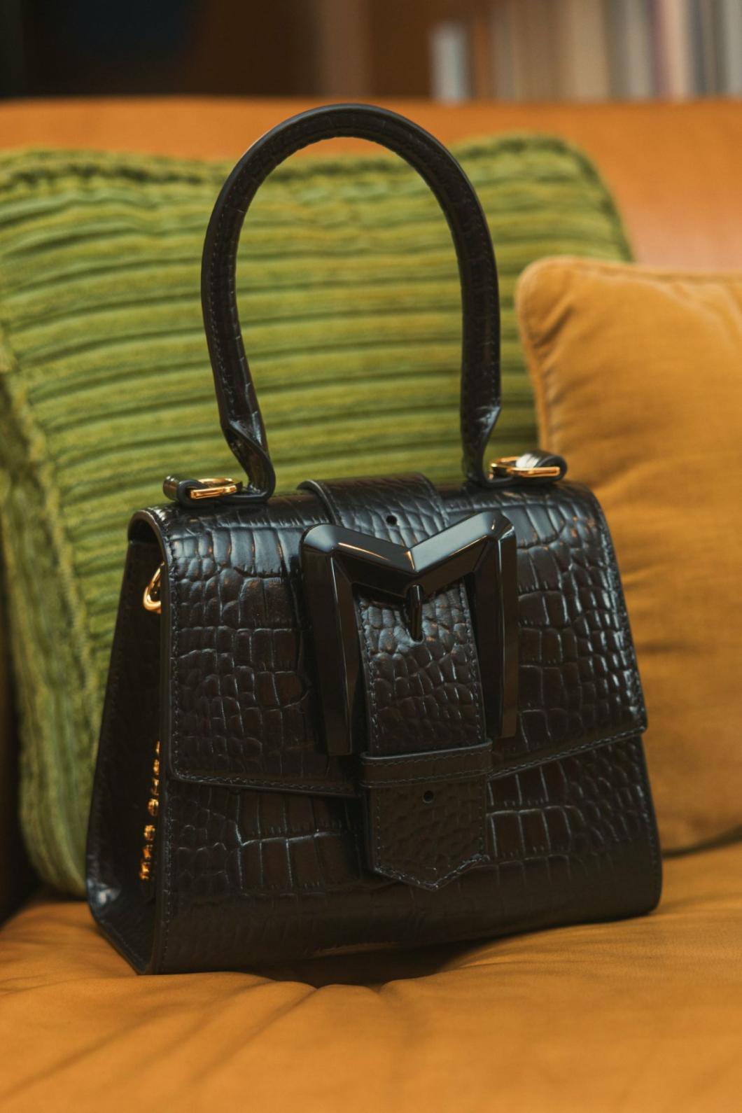 Top Handle Bags | Women Mac Duggal Buckled Mini Croco Black Leather Handbag With Detachable Strap Black