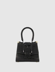 Top Handle Bags | Women Mac Duggal Buckled Mini Croco Black Leather Handbag With Detachable Strap Black