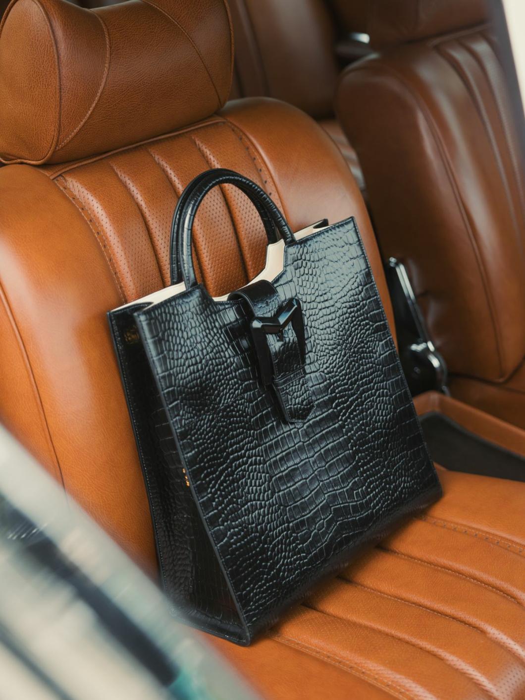 Totes | Women Mac Duggal Buckled Maxi Croco Black Leather Tote Bag Black