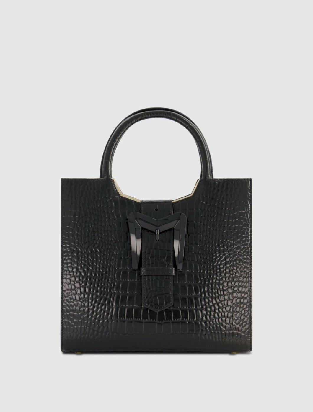 Totes | Women Mac Duggal Buckled Medium Croco Black Leather Tote Bag With Detachable Strap Black