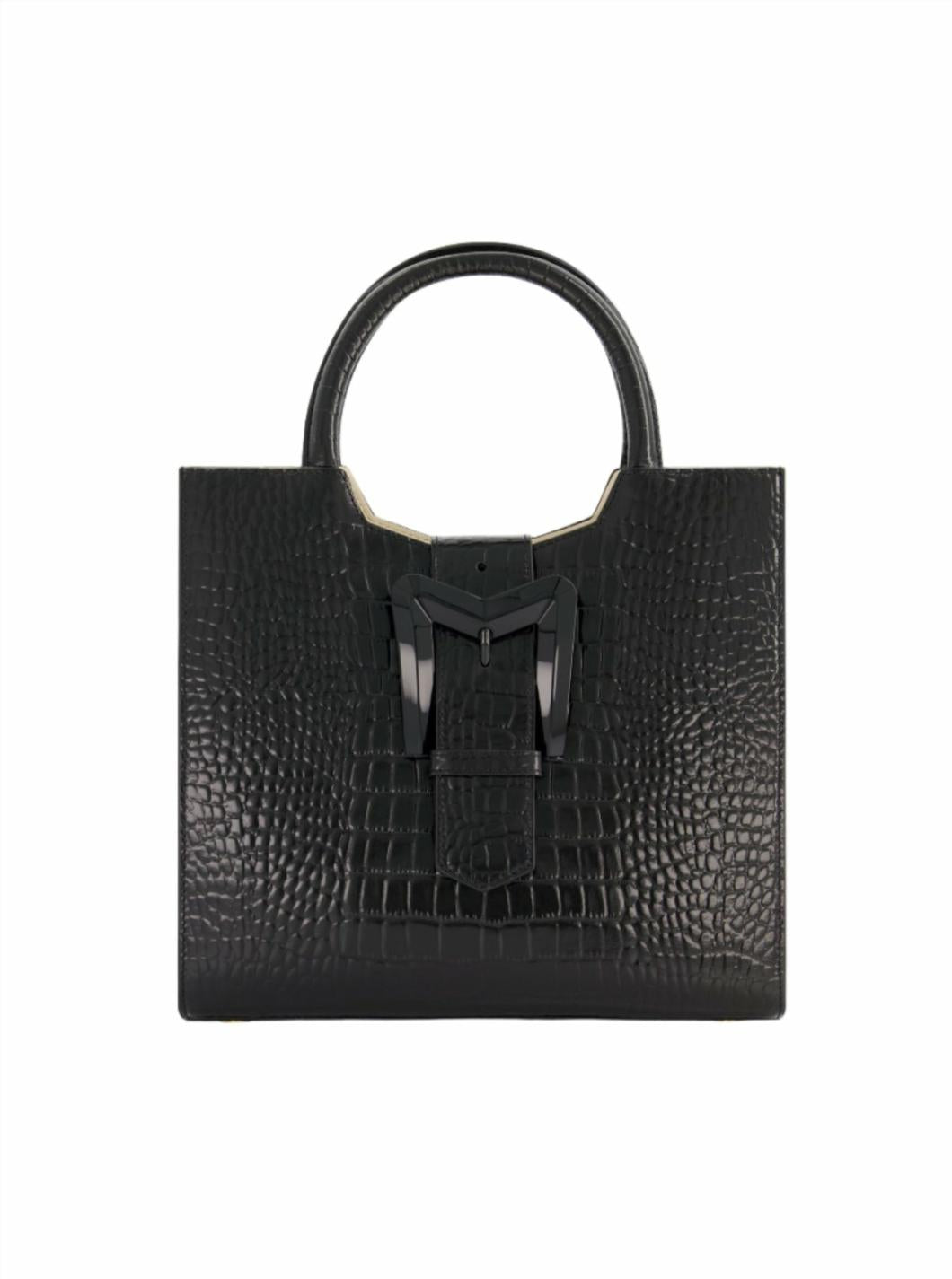 Totes | Women Mac Duggal Buckled Medium Croco Black Leather Tote Bag With Detachable Strap Black