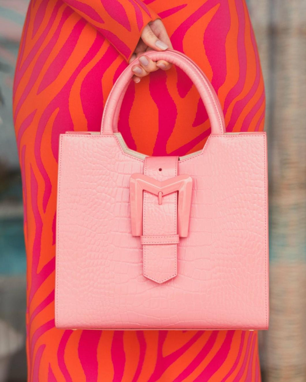 Totes | Women Mac Duggal Buckled Medium Croco Hibiscus Leather Tote Bag With Detachable Strap Hibiscus